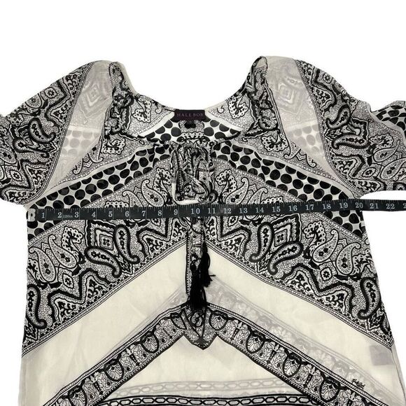Hale Bob Sz Small Paisley Black & White Print Tassel Tie Front Chiffon Blouse Ov - Picture 8 of 12